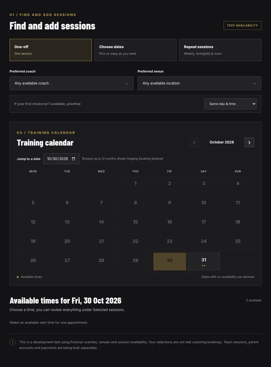 Empire booking application form showing session choices and repeat planning
